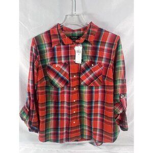 Lauren Ralph Lauren Women’ Plaid Shirt Roll Tab Sleeves Size 2X NWT